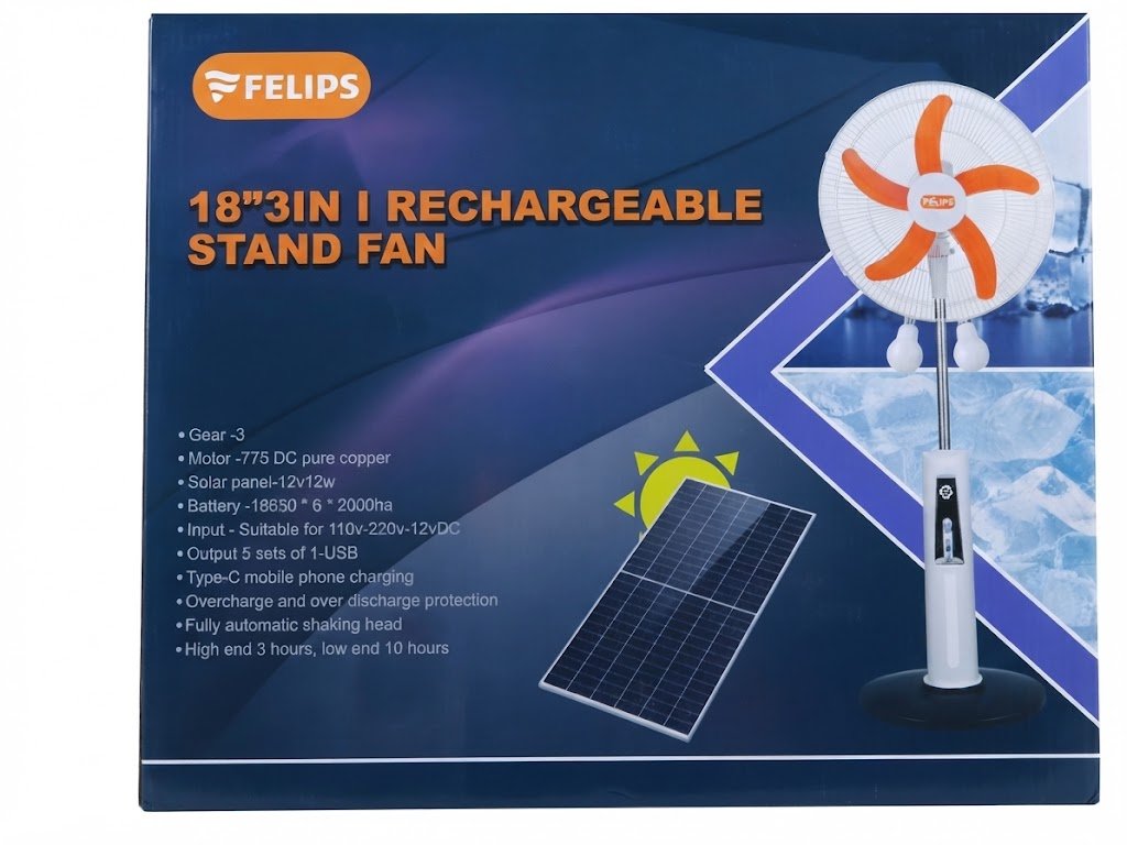 Felips 18" 3-in-1 Rechargeable Stand Fan with Solar Panel and Bulb