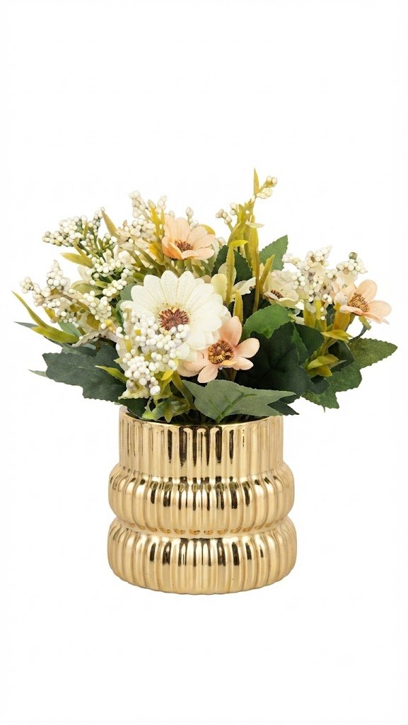 Artificial Flower in Ribbed Gold Vase