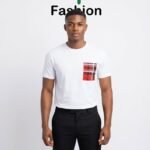 Unisex White T-Shirt with Red Plaid Pocket