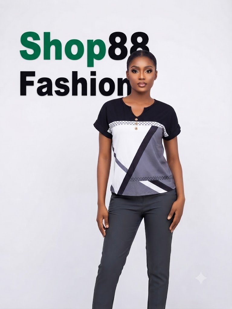 Women's Black and White Geometric Print Top and Trouser Set