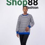 Women's Black and White Striped Long-Sleeve Top with Blue Trim